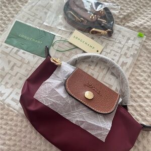 Longchamp Mini Top-Handle Bag in Burgundy with Brown Trim